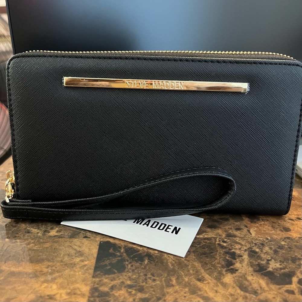 NWT Steve Madden Black Clutch with Gold Detail